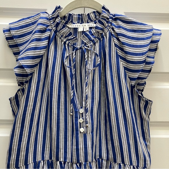 Veronica Beard Zee Dress Linen Viscose Tiered Flutter Sleeve Mini Blue Striped 4 - Picture 3 of 12
